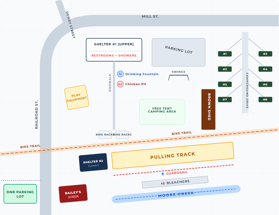 Clean updated digital map detailing Norwalk Village Park campsite numbers and trail orientation